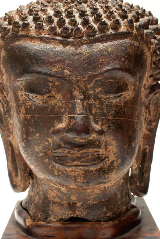 Bronze  Ayutthaya  Buddha . Believed to be 15th C-? on later wooden stand. 

Bronze Buddha Ayutthaya
A carved stone head of Buddha Ayutthaya His elongated head having a downcast gaze and a serene expression, with raised rows of curls having