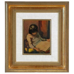 Charming stylized painting of young girl reading