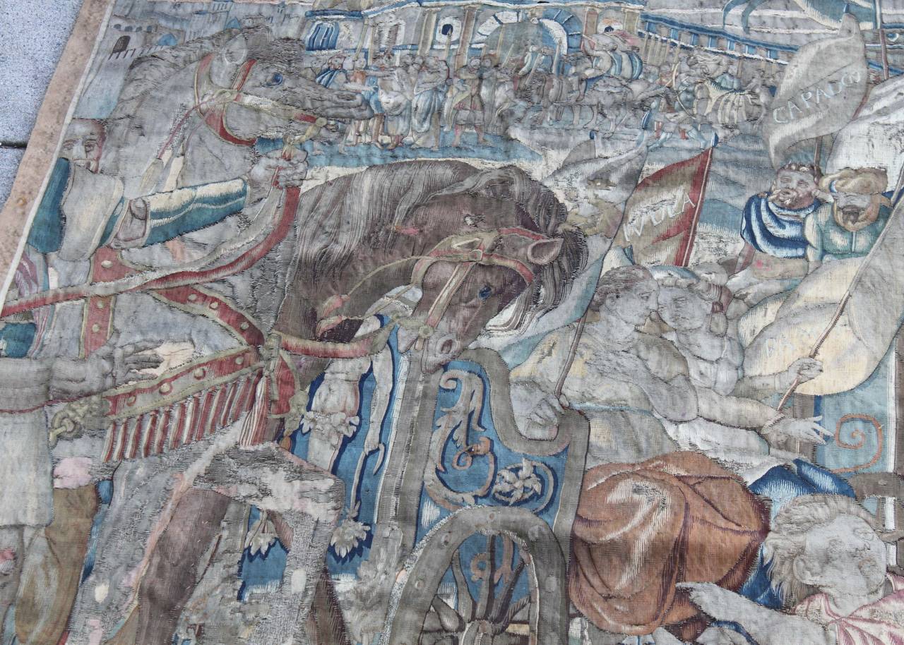 15th-16th century tapestry which has been cleaned and relined recently.
Depicting Constantinople in the background with Turks and a chariot and horse with mother and child in foreground.
Panache antiques.