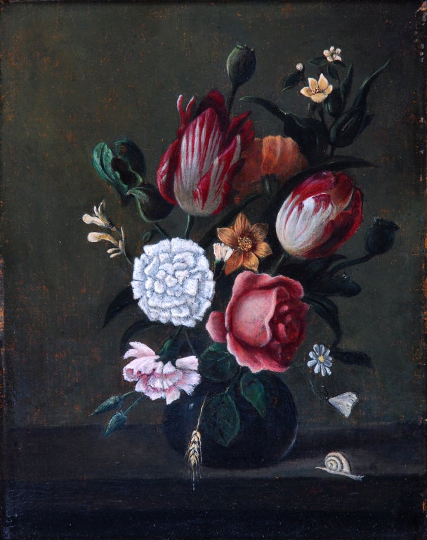 17th Century Dutch still-life of flowers in vase. Oil on panel.