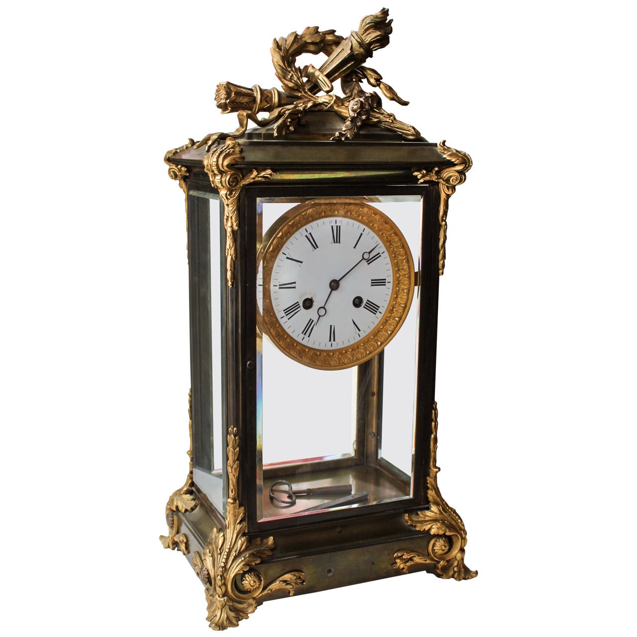 Nineteenth Century French Four-Sided  Glass Mantle Clock.19th C. For Sale