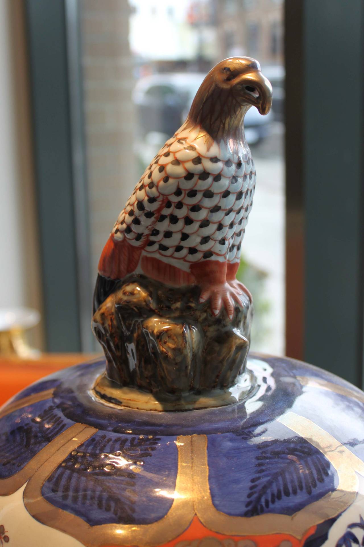 Dramatic oversized Imari lidded jar with an eagle on lid, 19th-20th century.
Panache antiques.