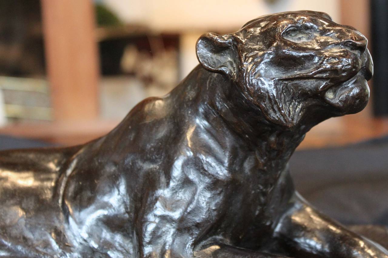 Bronze sculpture of tiger with Japanese foundry mark Jin Tian.