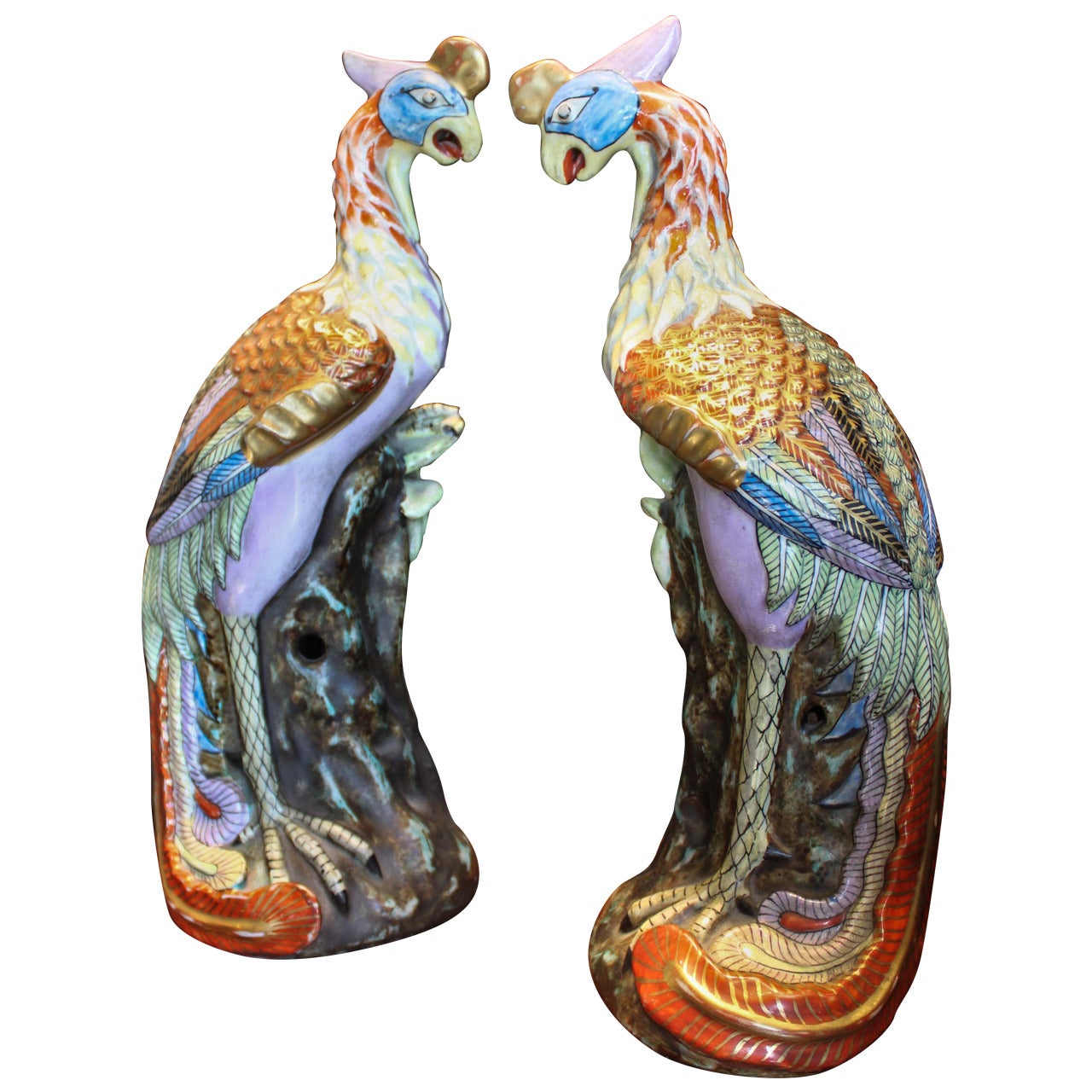 Pair of exotic porcelain birds For Sale