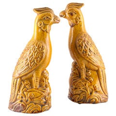 Pair of Tang style birds in yellow glaze