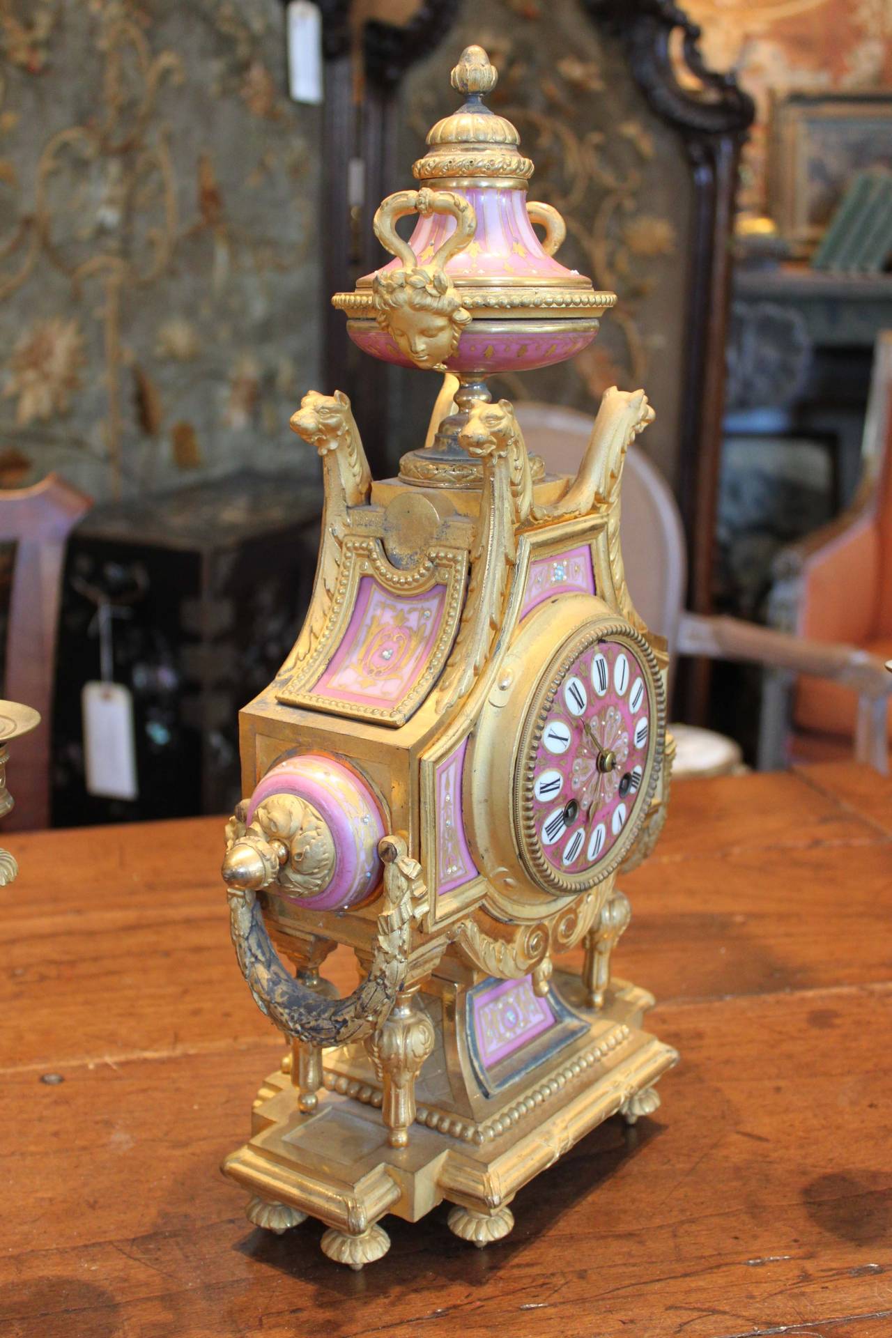 French Gilt Ormolu and Sèvres Clock with Candelabras