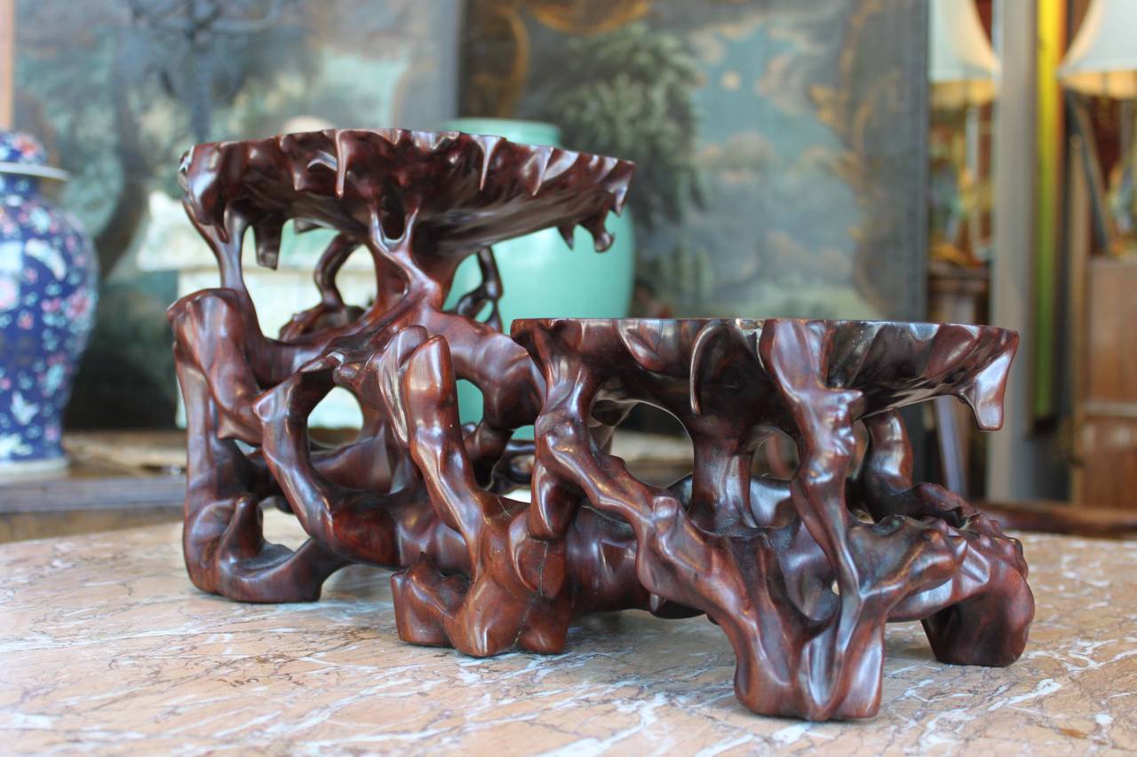 Hardwood Chinese root stand with two layered platforms over gnarled and bulging roots with a dark brown patina.
Panache Antiques.