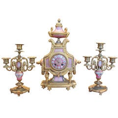 Gilt Ormolu and Sèvres Clock with Candelabras