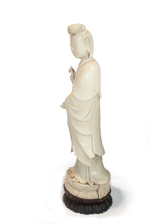 Beautiful large Guanyin from Fujian Province.3' high including stand.
Unusual Creamy Grey-white glaze.
Incised Ming Mark , Fujian Province and the area it was made.

Blanc de Chine

From Wikipedia, the free encyclopedia

 Jump to: