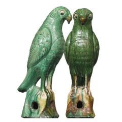 Pair of Chinese pottery parrots in Tang style.