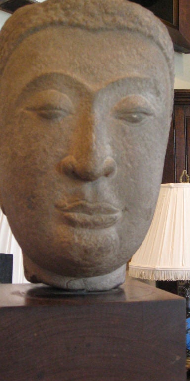 Extremely rare and important oversized stone Buddha head on stand.
Purchased from a Major collector in the 1980s. Please contact us for more information.
Stone Buddha Ayutthaya.
A carved stone head of Buddha Ayutthaya his elongated head having a