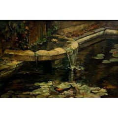Vintage Oil painting of pond. Early 20th Century. signed Alexander