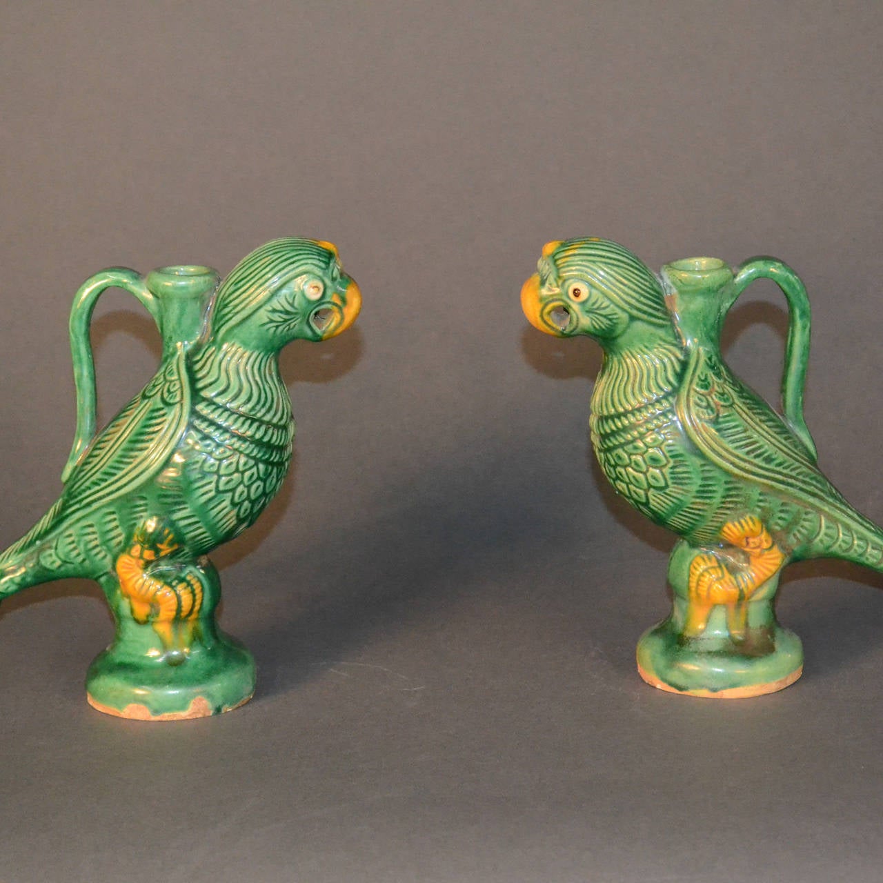 Tang Style Glazed Pottery Chinese Bird Candle Holders In Good Condition For Sale In Bridport, CT