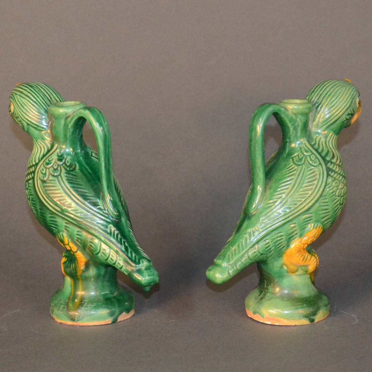 Late 19th Century Tang Style Glazed Pottery Chinese Bird Candle Holders For Sale