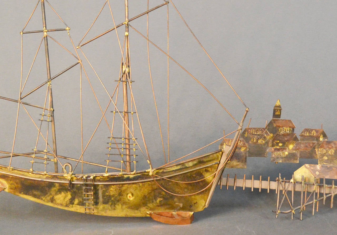 Mid-Century Modern Curtis Jere Sailing Boat and Village Sculpture