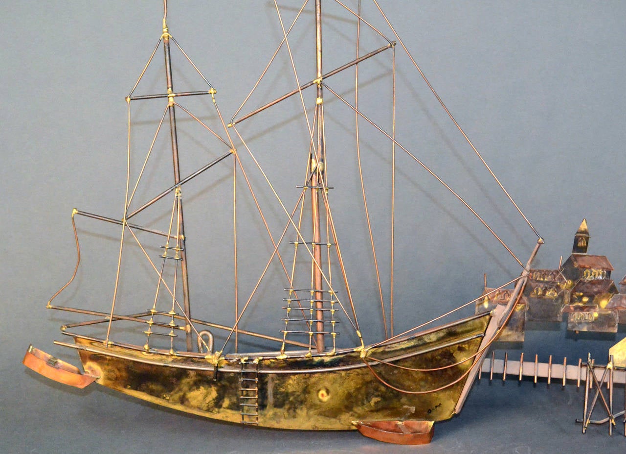 American Curtis Jere Sailing Boat and Village Sculpture