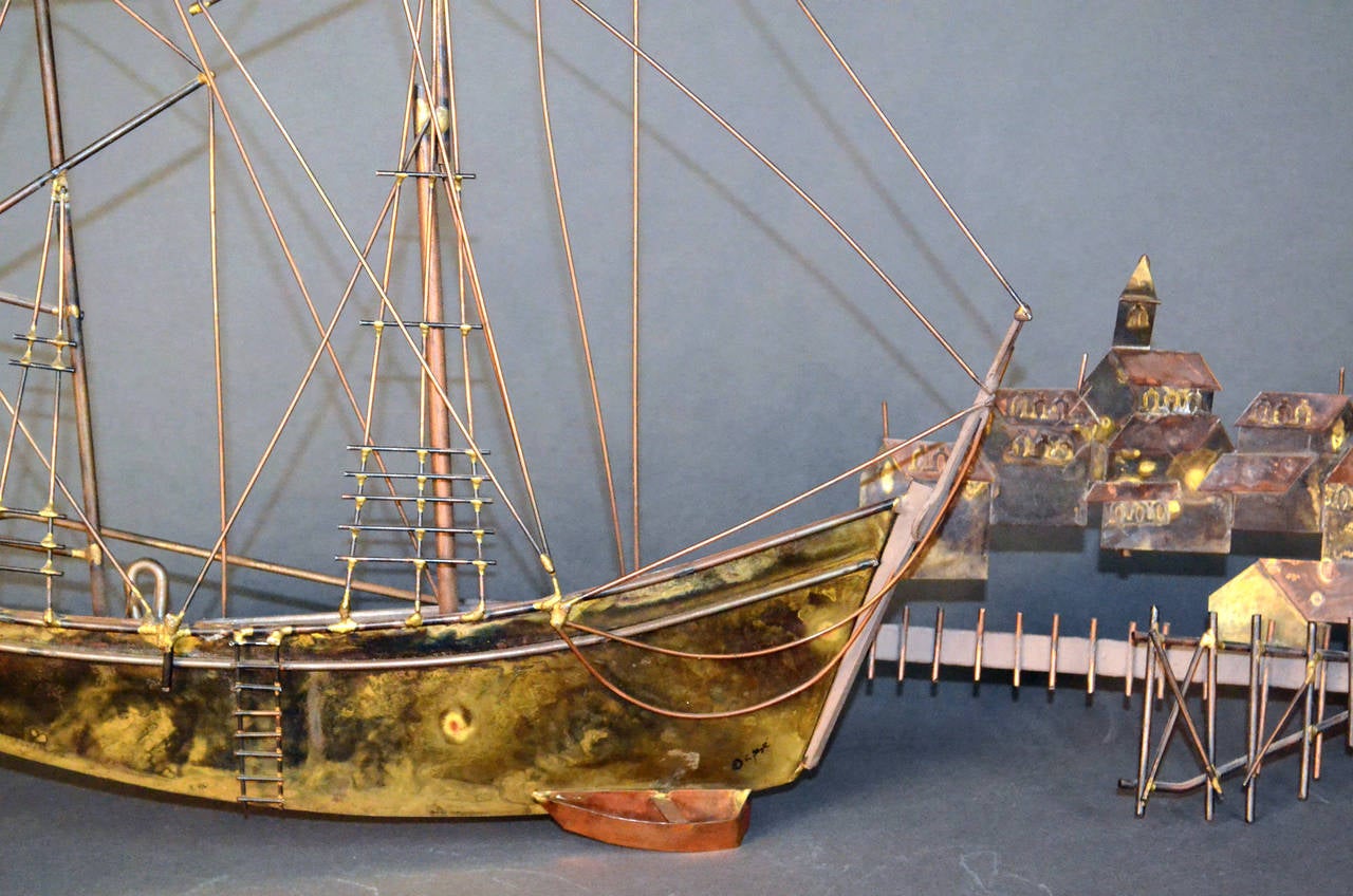 Curtis Jere Sailing Boat and Village Sculpture In Excellent Condition In Bridport, CT