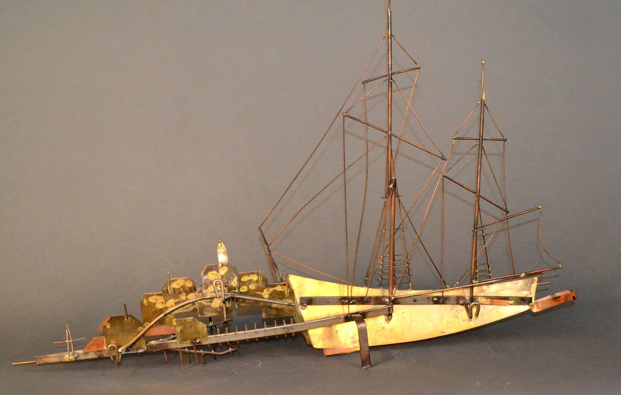 Brass Curtis Jere Sailing Boat and Village Sculpture
