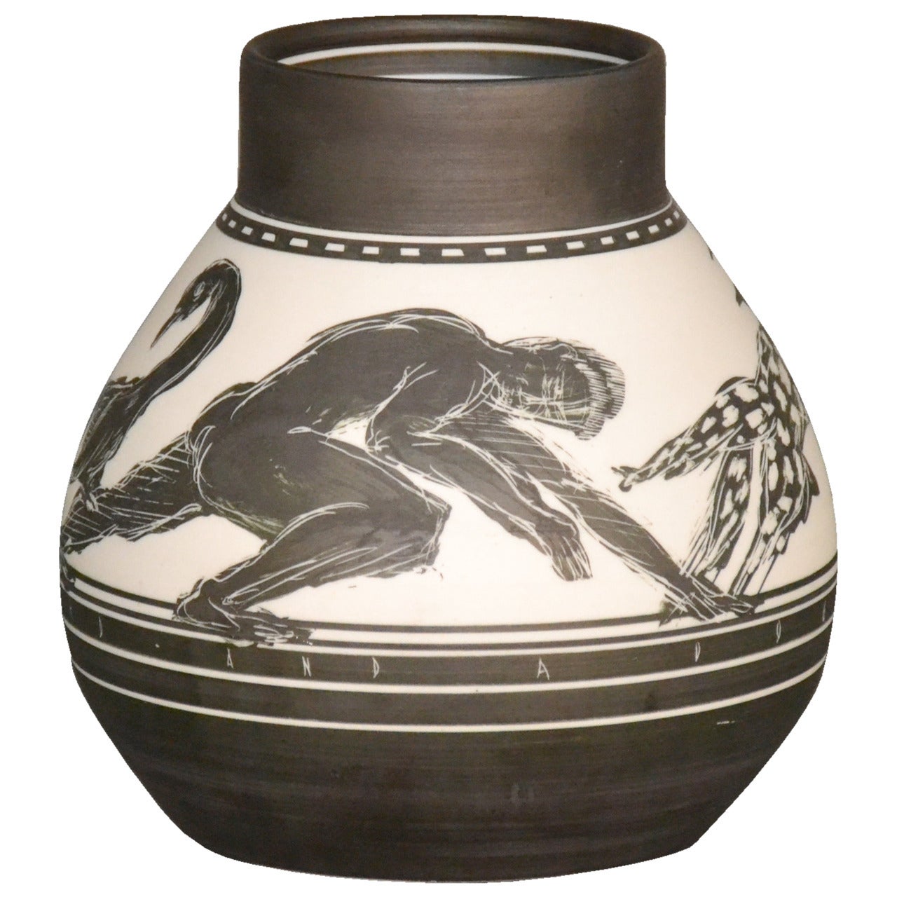 Edward Eberle, Porcelain Vase, “Two Men A Bird And A Dog” For Sale