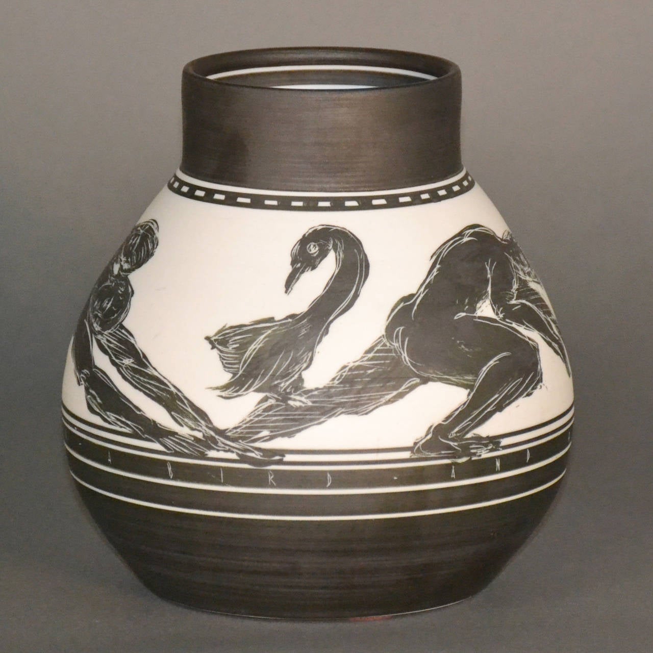 Modern Edward Eberle, Porcelain Vase, “Two Men A Bird And A Dog” For Sale
