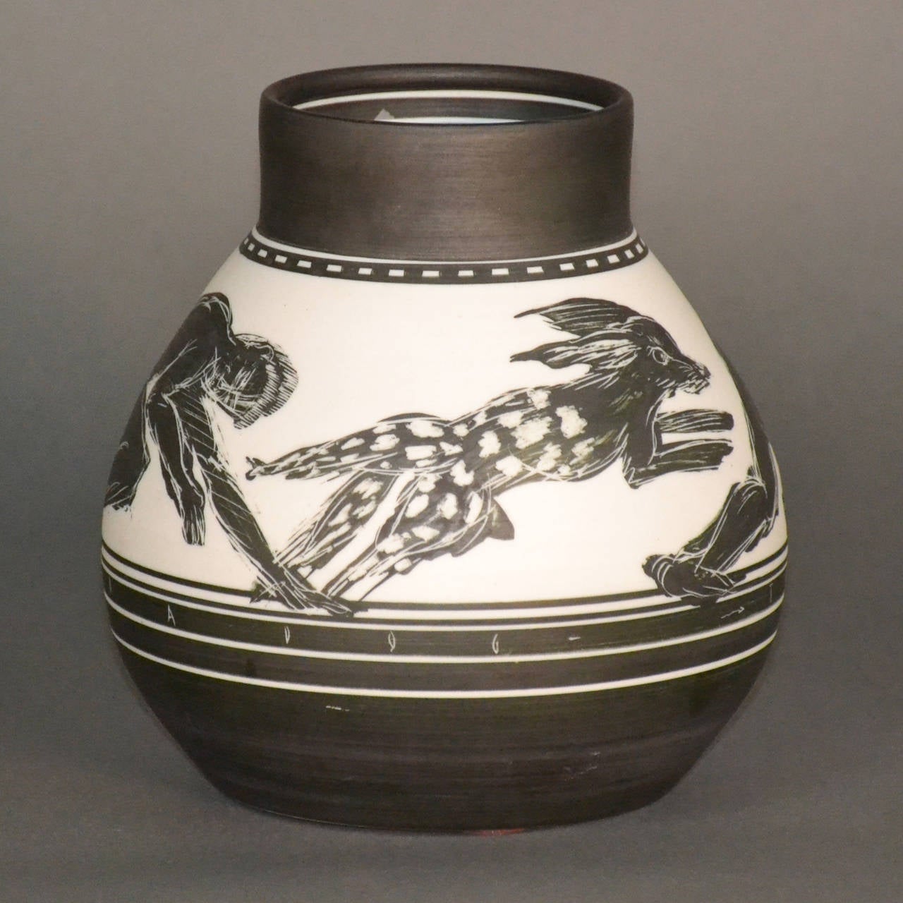 American Edward Eberle, Porcelain Vase, “Two Men A Bird And A Dog” For Sale