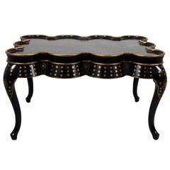 Chinoiserie Hand-Painted Black Lacquer Coffee Table with Oriental Scenes Chinoiserie Hand-Painted Black Lacquer Coffee Table with Oriental Scenes