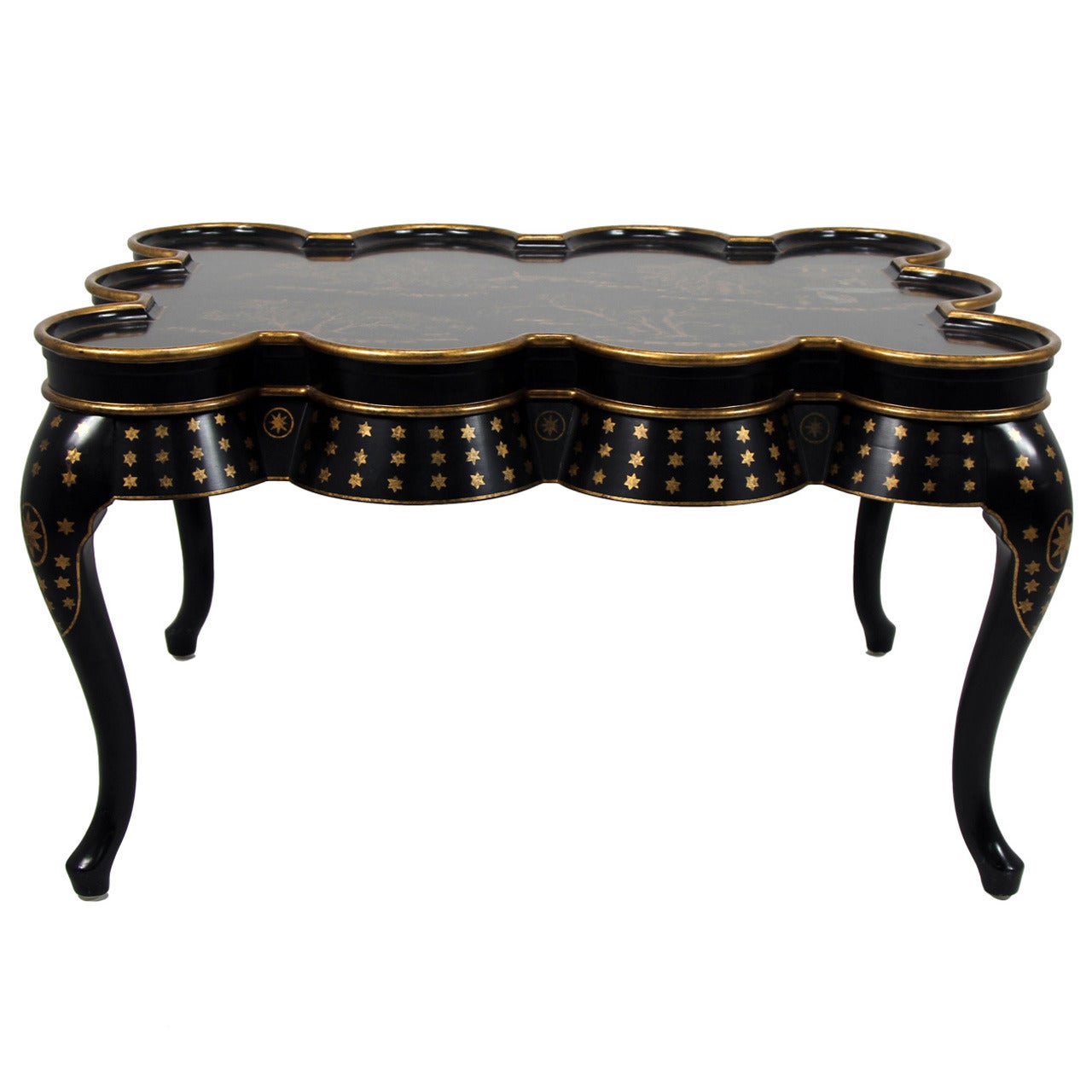 Chinoiserie Hand-Painted Black Lacquer Coffee Table with Oriental Scenes