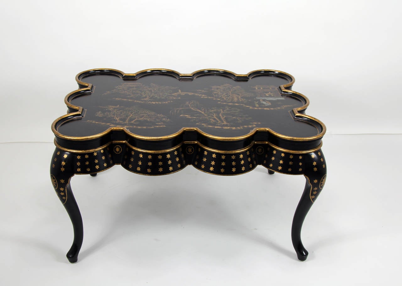 Chinese Chinoiserie Hand-Painted Black Lacquer Coffee Table with Oriental Scenes