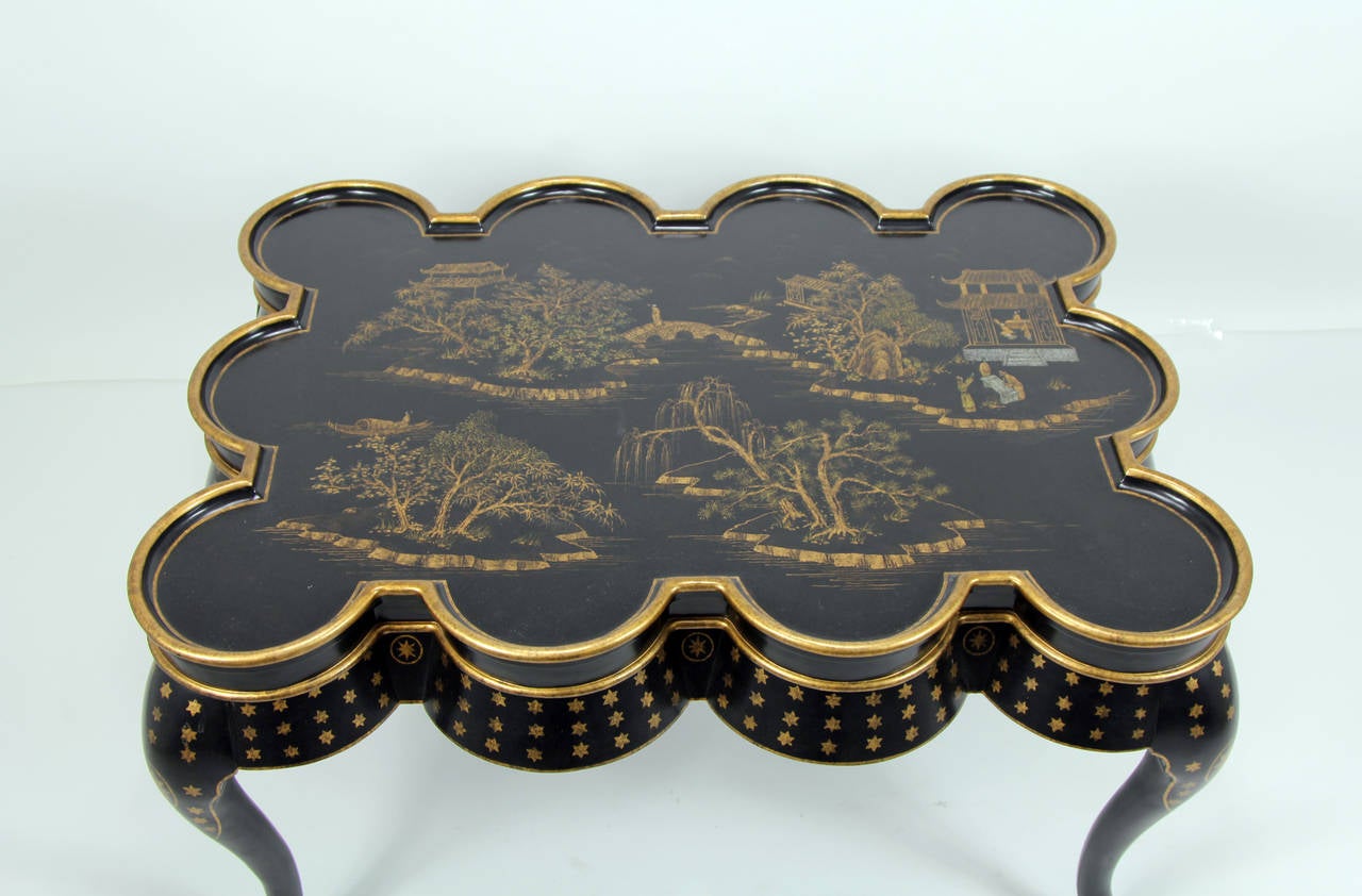 Lacquered Chinoiserie Hand-Painted Black Lacquer Coffee Table with Oriental Scenes