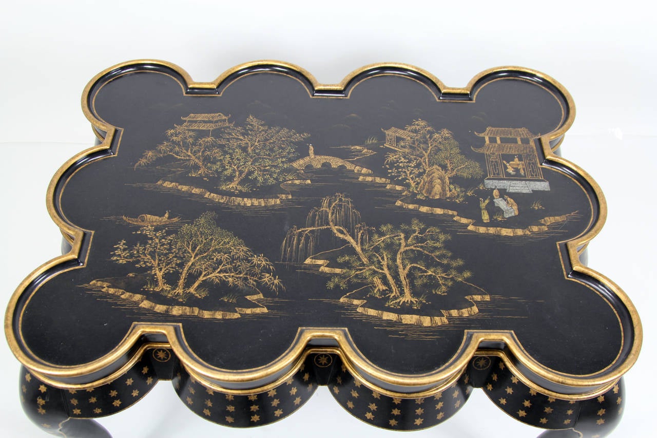 Chinoiserie Hand-Painted Black Lacquer Coffee Table with Oriental Scenes In Excellent Condition In Bridport, CT