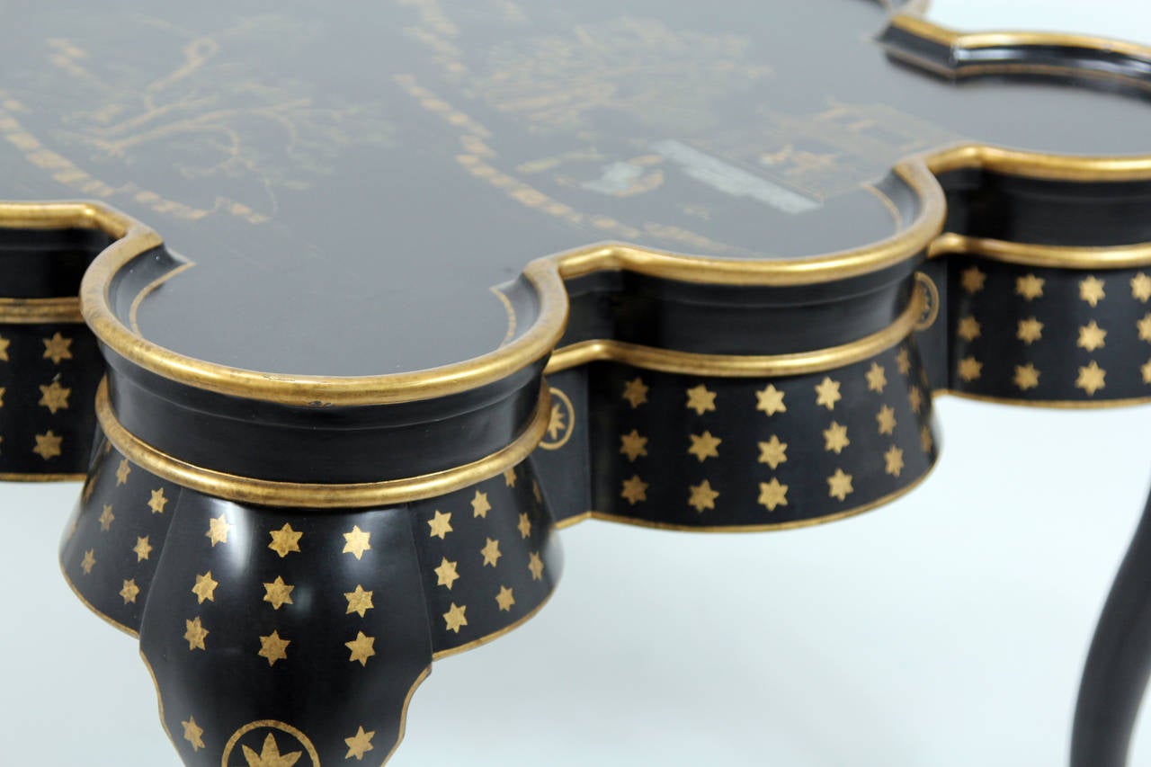 Chinoiserie Hand-Painted Black Lacquer Coffee Table with Oriental Scenes 1