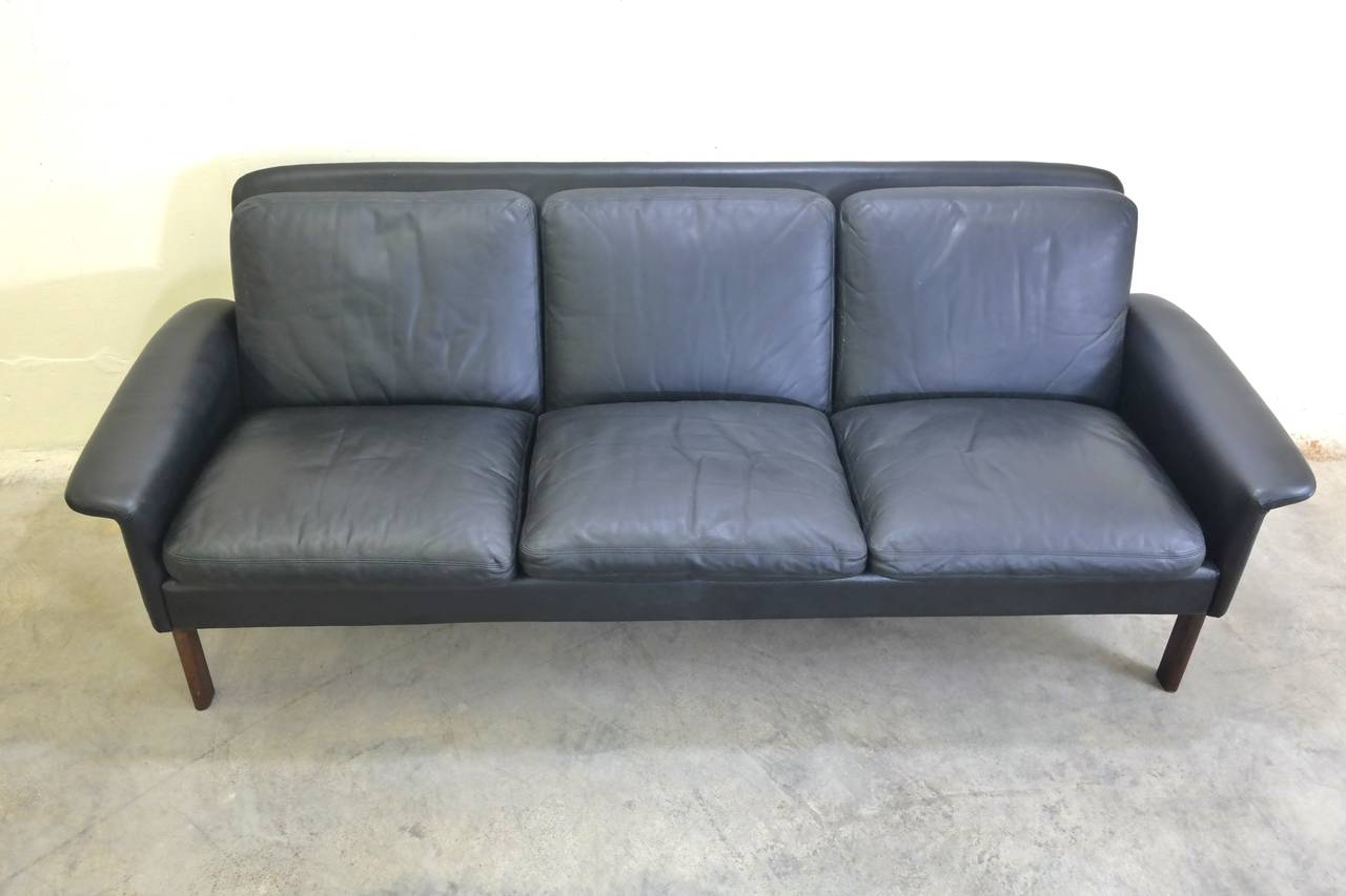 Scandinavian Modern Beautiful Hans Olsen Three-Seat Leather and Rosewood Sofa