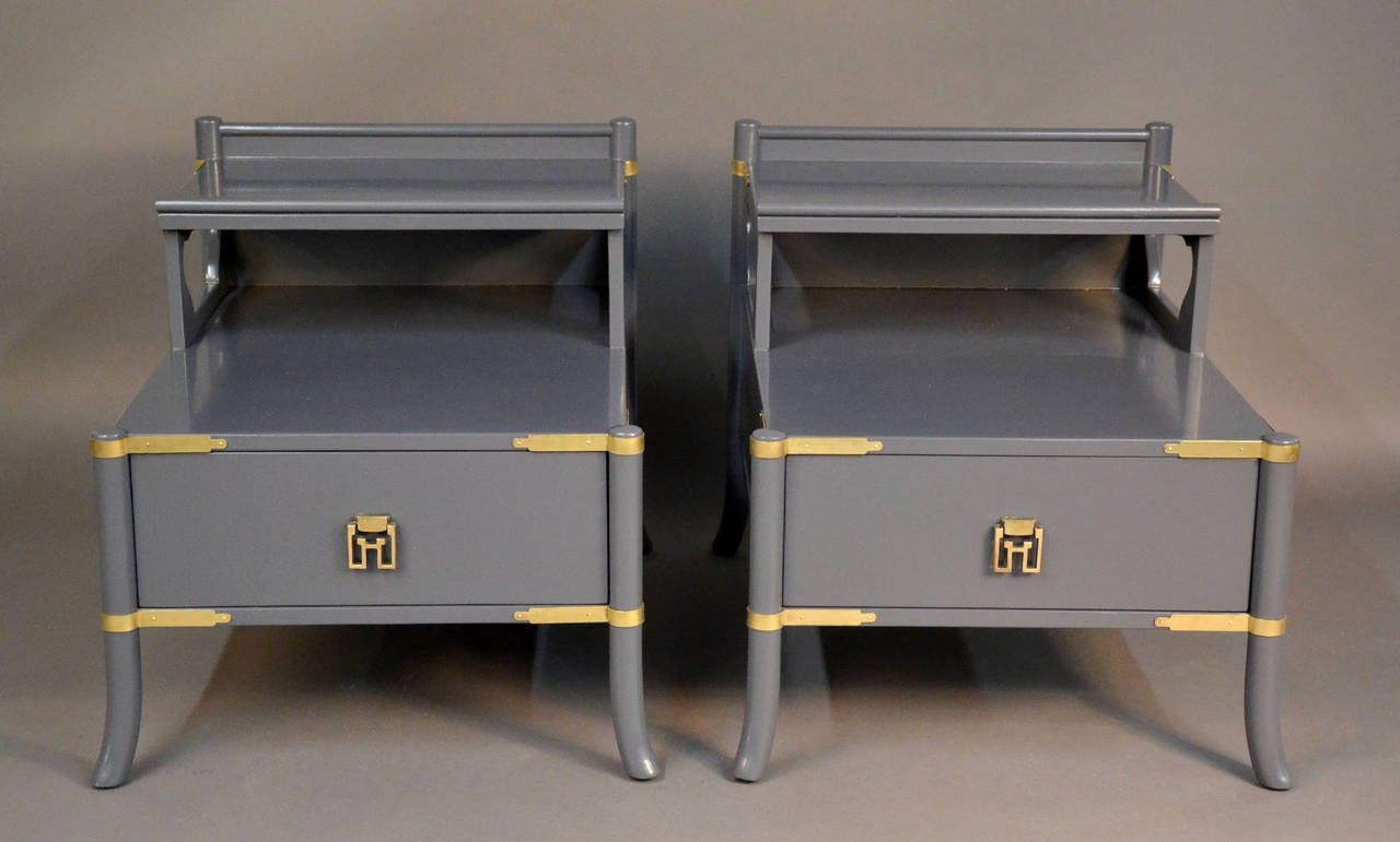 Pair of Grosfeld House Two-Tier End Tables with Brass Accents