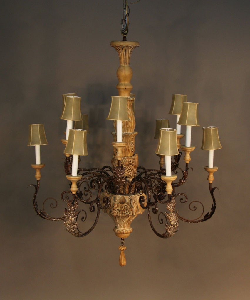 Large Italian Hand-Carved Wood and Wrought Iron Chandelier 2