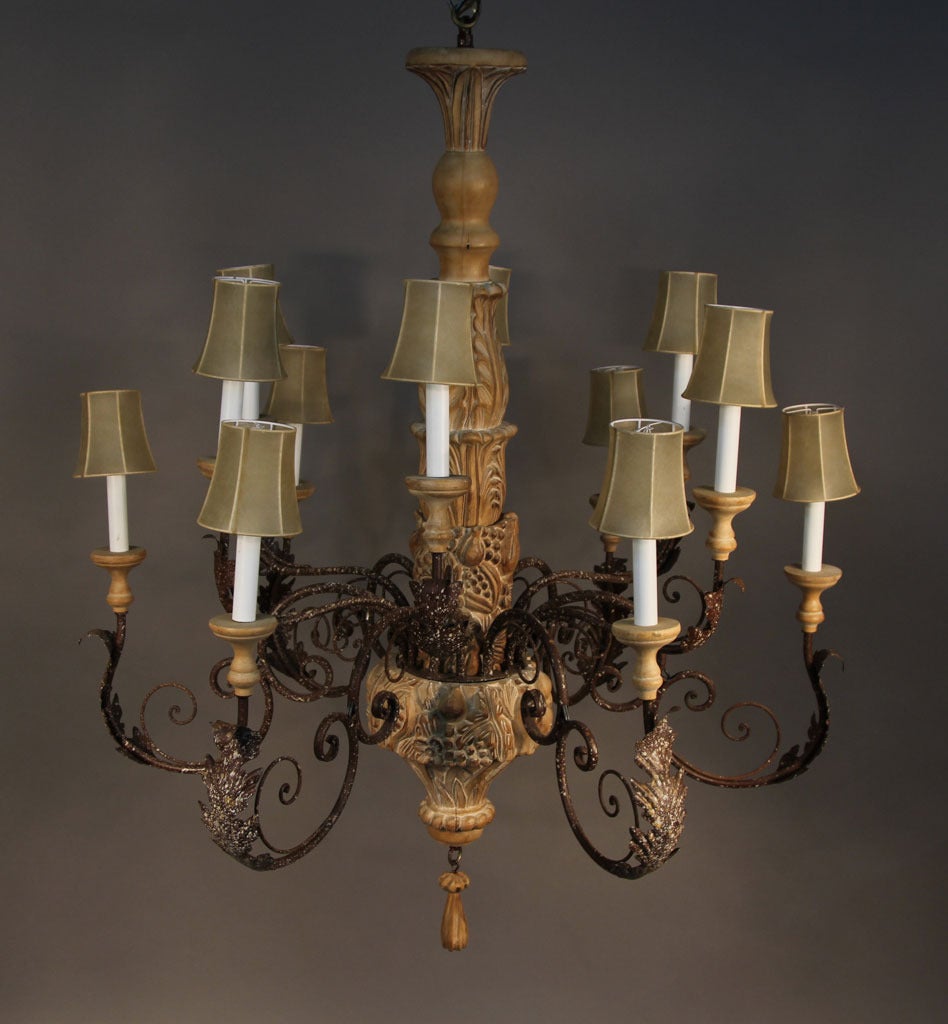 Large Italian Hand-Carved Wood and Wrought Iron Chandelier 1