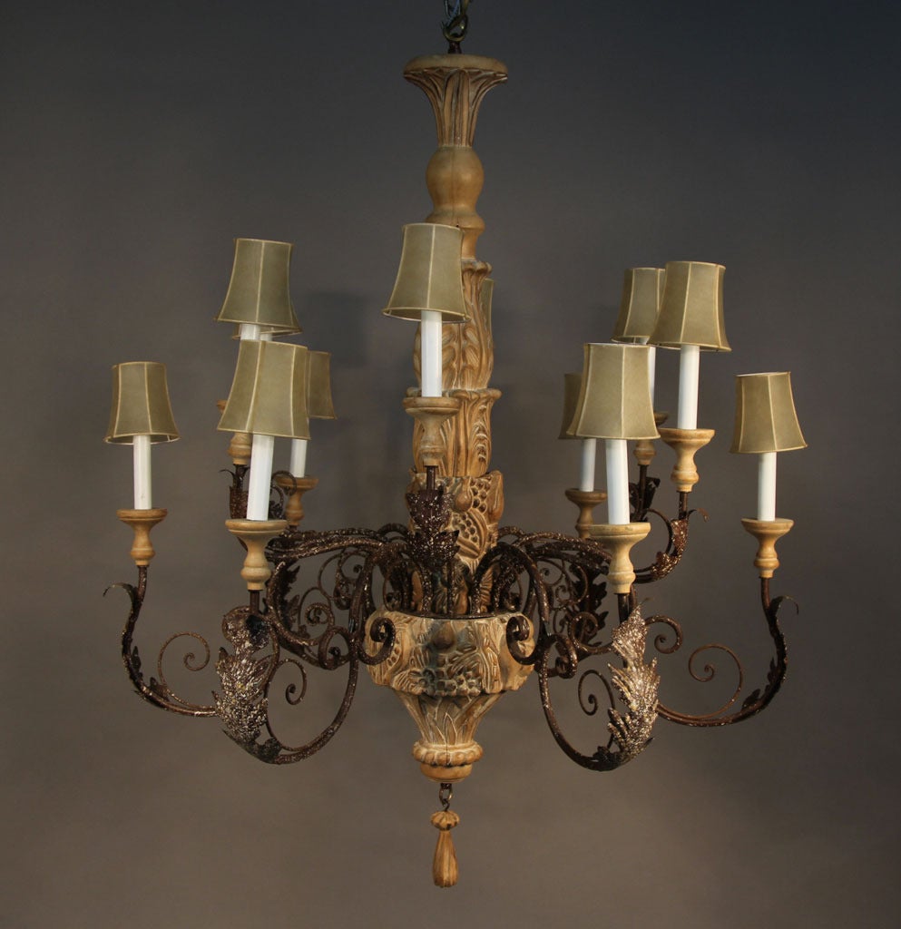 20th Century Large Italian Hand-Carved Wood and Wrought Iron Chandelier