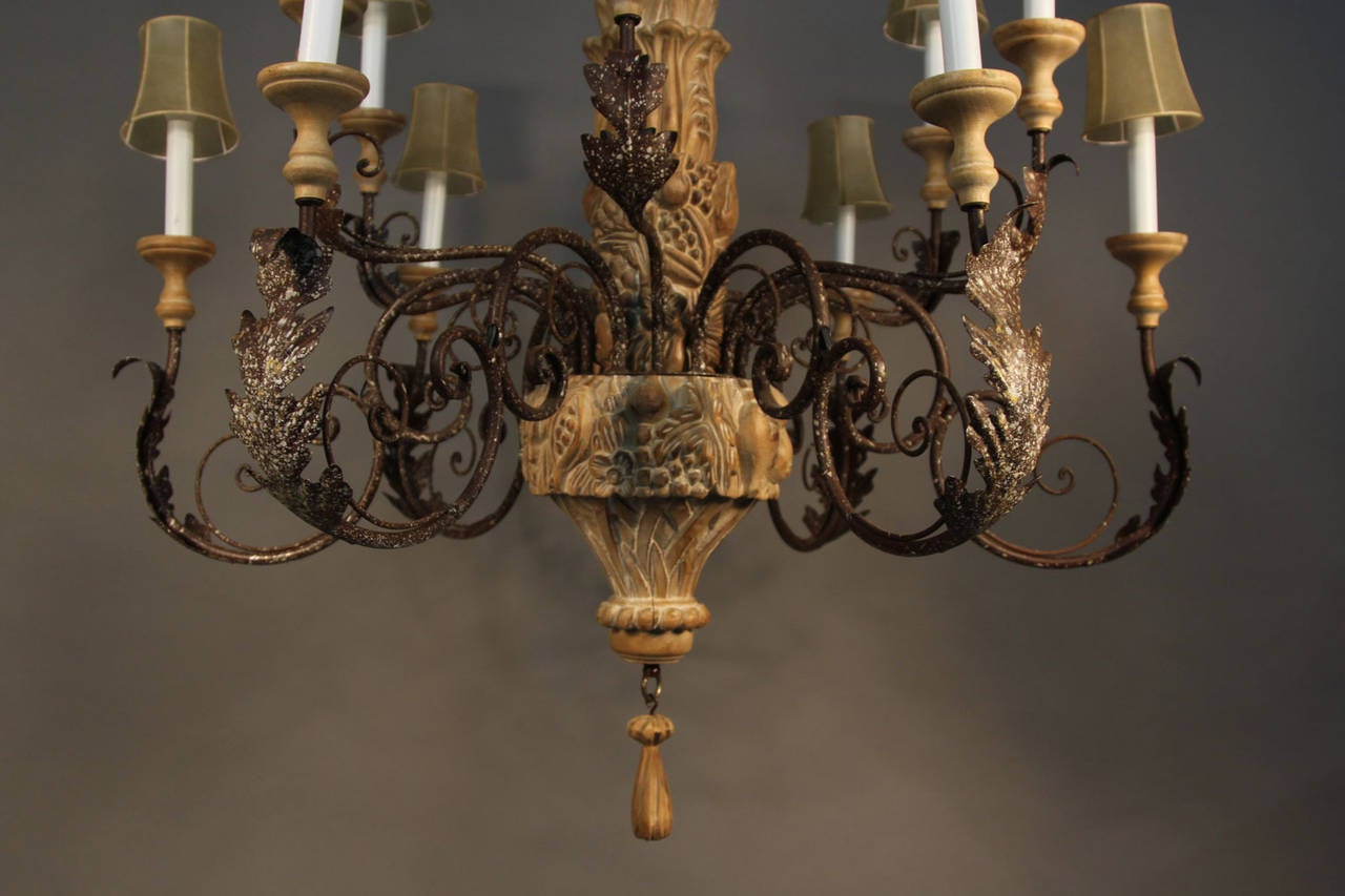 Large Italian Hand-Carved Wood and Wrought Iron Chandelier In Excellent Condition In Bridport, CT