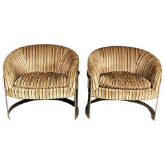 Pair of Milo Baughman Chrome and Velvet Upholstered Tub Chairs