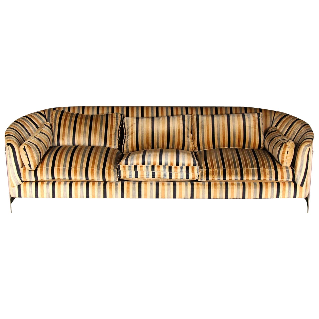 Milo Baughman Flat Bar Chrome Barrel Back Velvet Sofa