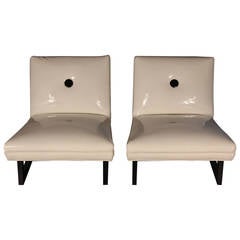 Fabulous Patent Leather and Wood Frame Low Club Chairs