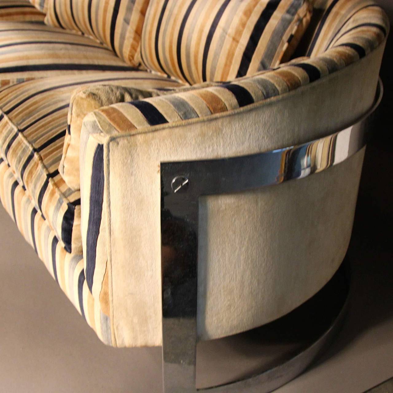 Milo Baughman Flat Bar Chrome Barrel Back Velvet Sofa 3