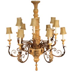 Large Italian Hand-Carved Wood and Wrought Iron Chandelier