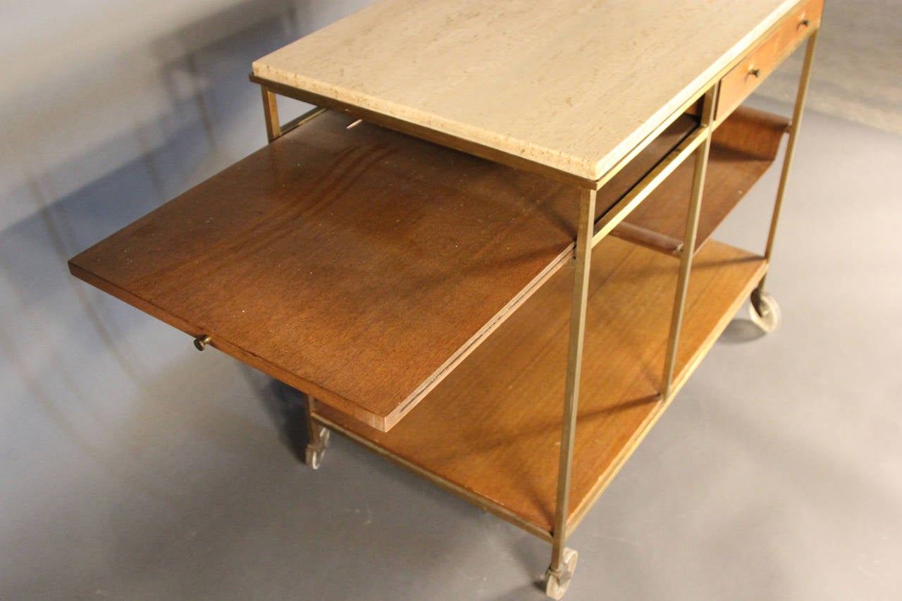 Paul McCobb Brass and Travertine Bar Cart In Good Condition In Bridport, CT