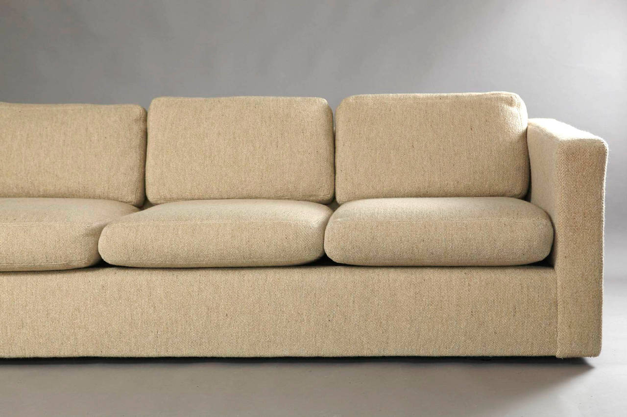 Sofa designed by Milo Baughman for Thayer Coggin. Beautiful crème colored woolen fabric. Original Thayer Coggin labels. A matching loveseat is also available.