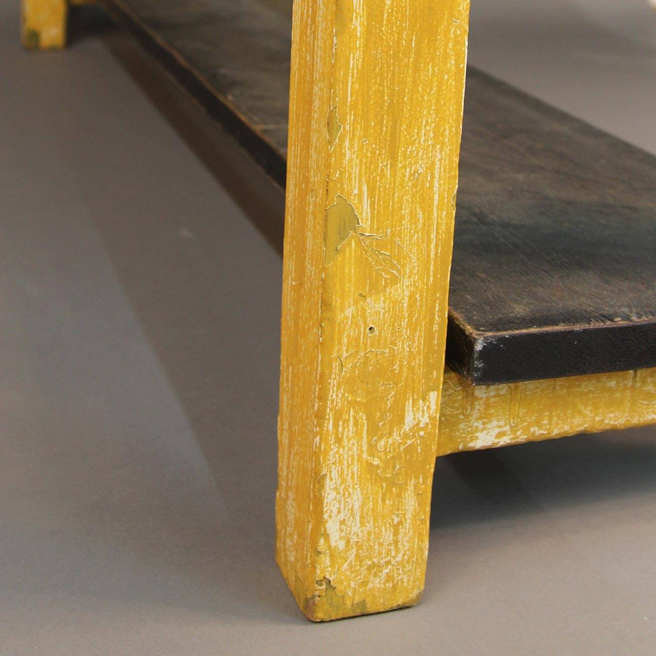 Unique Zinc Top Table with yellow legs and removale bottom shelf.
Created by an English Craftsman/artist #039--01