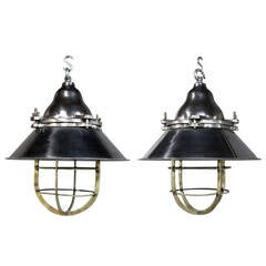 Antique Pair of Polished Steel and Brass Cage Lights