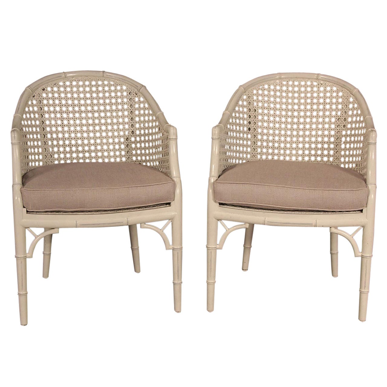 Faux Bamboo Mid-Century Painted and Caned Chairs For Sale