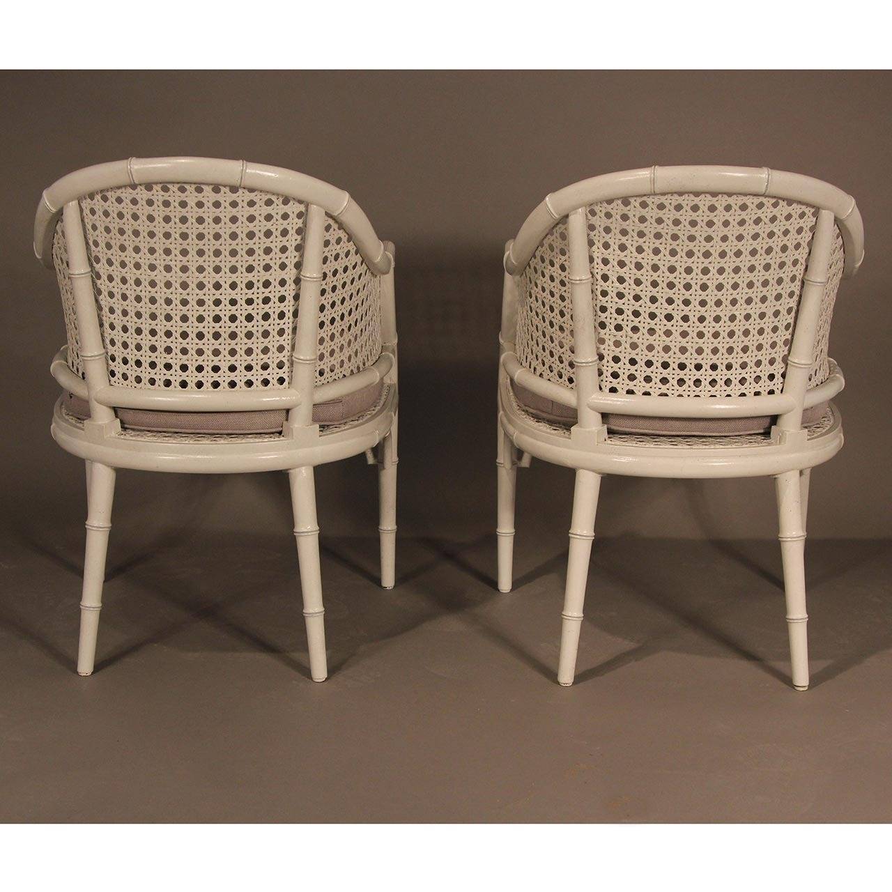 Hollywood Regency Faux Bamboo Mid-Century Painted and Caned Chairs For Sale