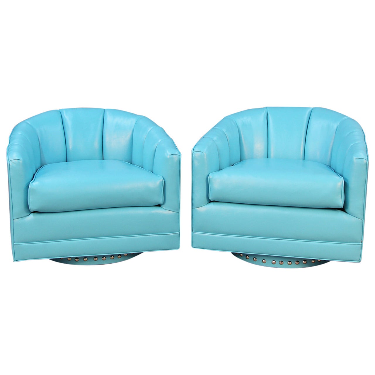 Beachouse Blue Swivel Chairs attributed to Milo Baughman For Sale