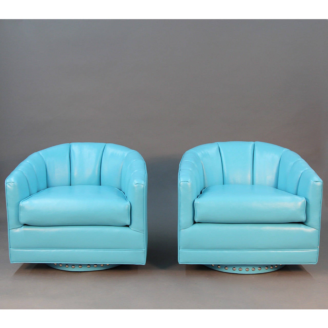 Modern Beachouse Blue Swivel Chairs attributed to Milo Baughman For Sale